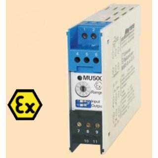MU500-Ex-ia-53-..., Intrinsically Safe Temperature Transmitter for PT1000 Probe, Electrically Isolated 85-265 VAC / 110-125 VDC